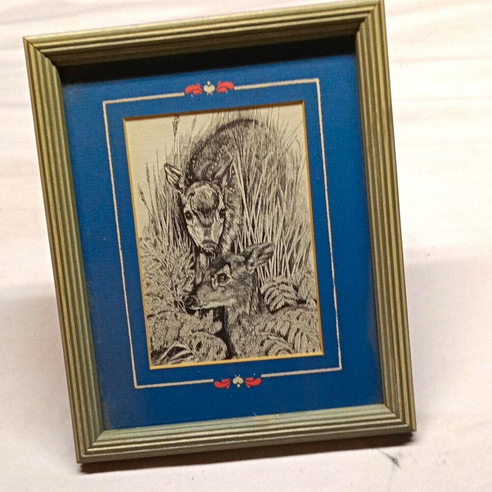 Framed Deer Art Print Portrait Blue Mat Matted & Framed Small Paper